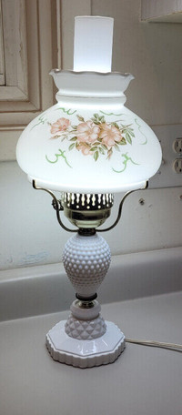Vintage White Milk Glass Hobnail Hurricane Lamp w/ Floral Shade