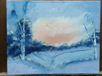Peinture acrylique huile paysage hiver neige arbre