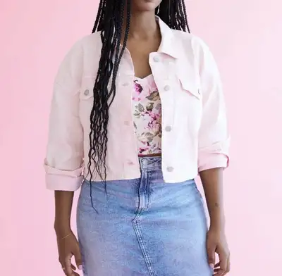 Baby pink denim cropped jean jacket, View more
