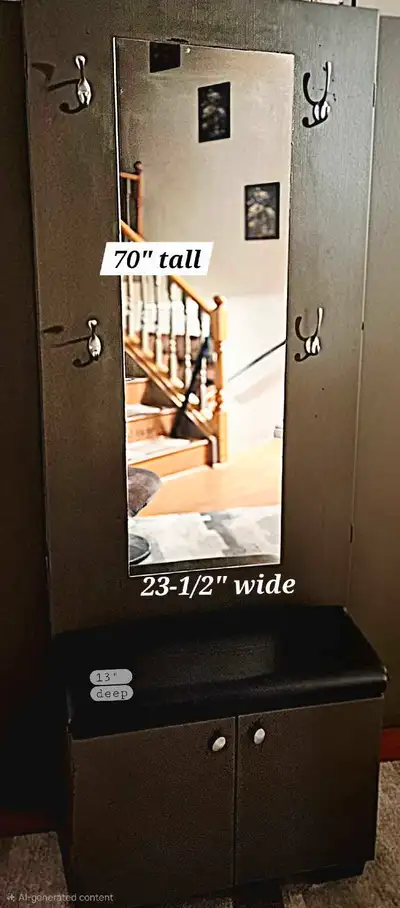 70" tall 23-1/2" wide 13" deep Gently used hall entrance coat rack With 2 doors on the bottom for st...