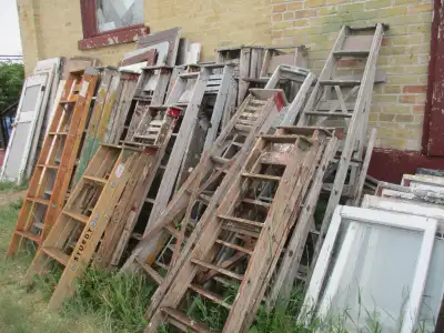 BUNCH OF OLD WOOD STEP LADDERS $40. EA. WEDDING YARD DECOR, View more
