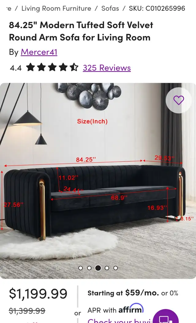 84" Modern Velvet Sofa – Open Box