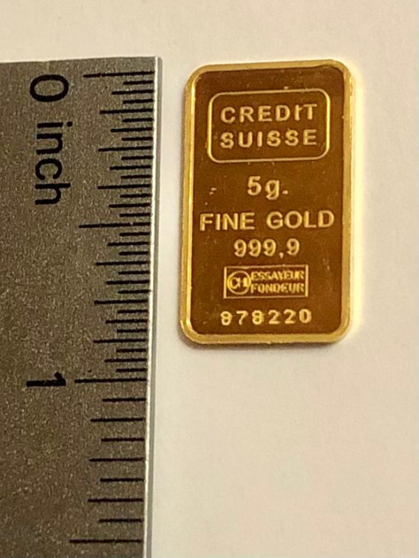 5 gram Credit Suisse 999,9 Fine Gold Minted Bar #878220 in Arts & Collectibles in Oshawa / Durham Region - Image 3