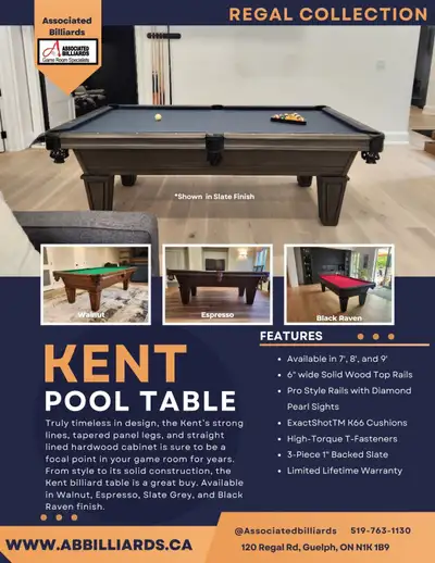New Kent pool table, recent installation photos shown, available in 7 foot, 8 foot, and 9 foot size....
