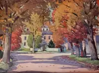 Mid Century Framed Litho Print Autumn Streetscape by Budd Baker!