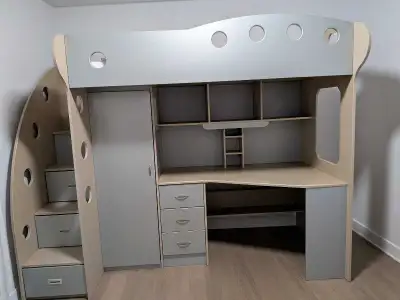 Lit mezzanine avec bureau et rangement, View more