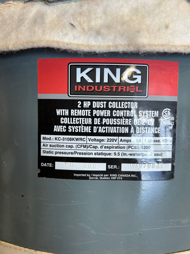 King Industrial Dust Collector in Hobbies & Crafts in Napanee - Image 3
