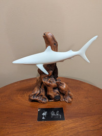John Perry Pellucida Resin Shark Sculpture On Burlwood Base