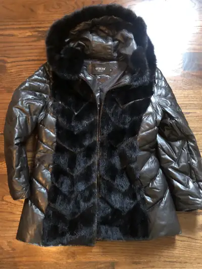Leather and Real Mink Fur hooded jacket, removeable sleeves to t