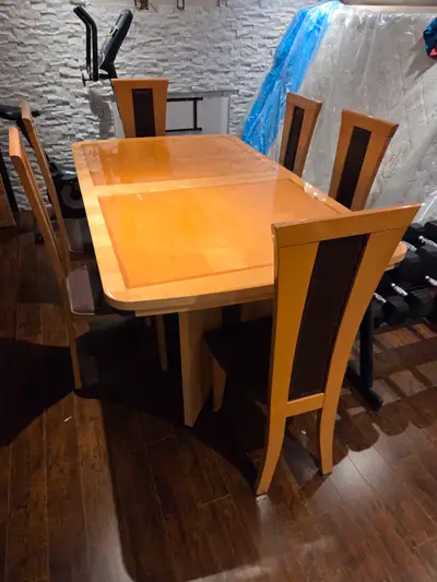 Dining table with centre extension and 6 chairs, View more