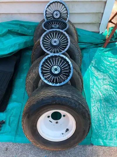 4 Carlisle Links I 18x8.50-8NHS tires mounted on rims with Ez-Go hub caps. $120 OBO