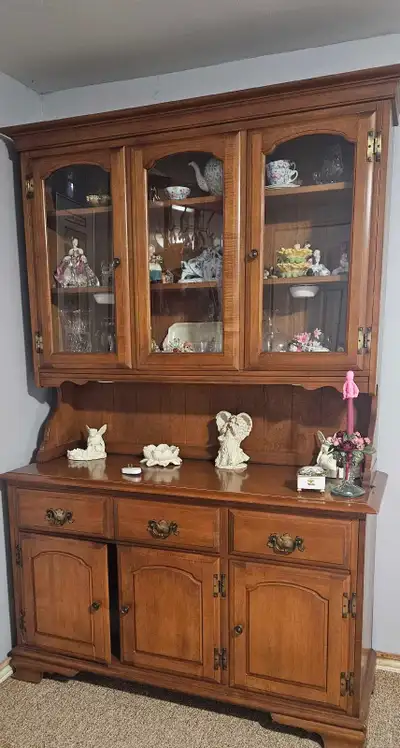 Table and 5 chairs. Extension leaf, and matching cabinet, View more