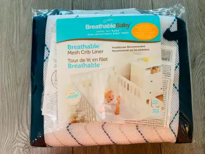 Breathable Mesh Crib Bumper-White with Blue-Grey Stripes (NEW), View more