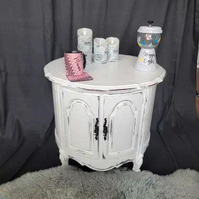 refinished round drum end table or night stand, View more