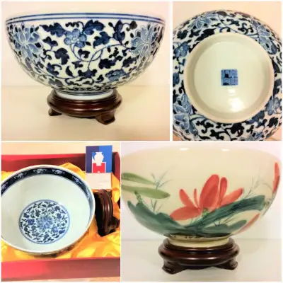 NEW in box Large Chinese Porcelain Bowl with Stand (2 Patterns), View more