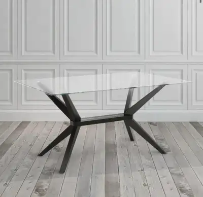 Glass dining table with wood base, View more