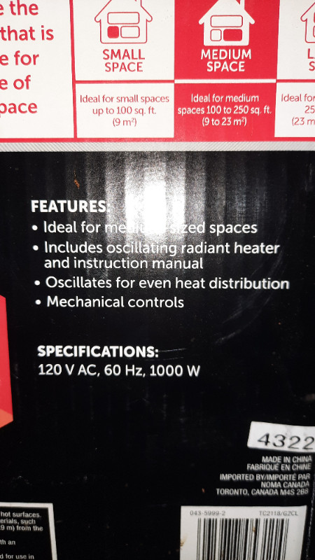 Noma oscillating radiant heater in Heaters, Humidifiers & Dehumidifiers in Kingston - Image 4