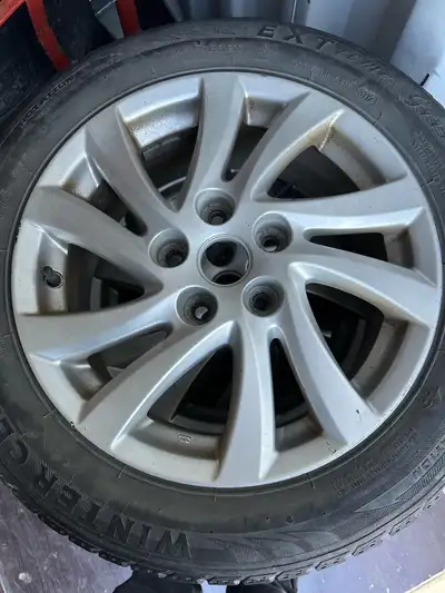 Selling my Mazda rims Were on a 2012 Mazda 3 Tires aren’t too good, maybe 2 tires are good for anoth...