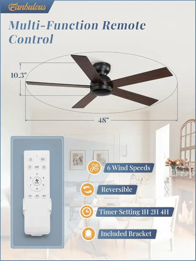 48 Inch Flush Mount Ceiling Fan no Light, Black in Indoor Lighting & Fans in Mississauga / Peel Region - Image 4