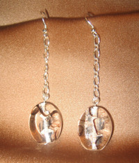 CLEAR & BRONZE LAMP BEAD AND STERLING SILVER CHAIN EARRINGS