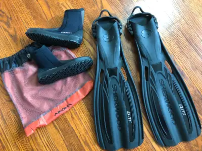 Sherwood Elite open heel, full length, scuba fins, size 7-8. Stretch heel straps. Akona Titanium neo...