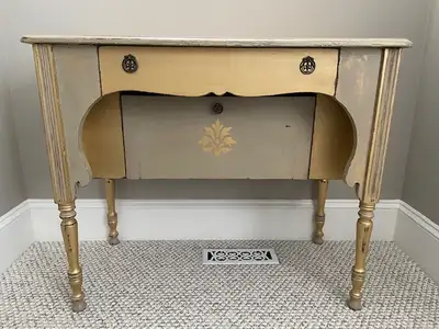 Solid wood vintage side table/console painted in gold and grey tones (distressed). One of a kind ite...
