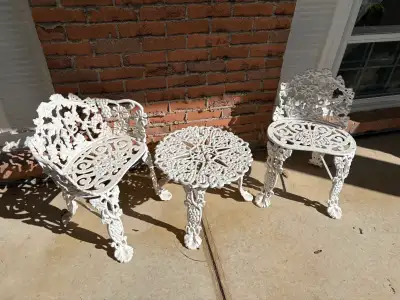 Antique Victorian Grapevine Cast Iron Table & 2 Chair Set, View more