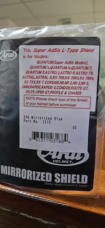 Blue iridium shield for many models of Arai helmets. New in package. Never installed. Retail is $80.