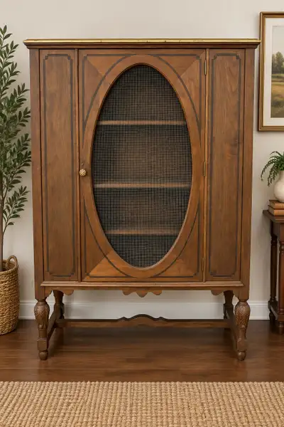 Vintage Wooden Cabinet with Decorative Mesh Door, View more