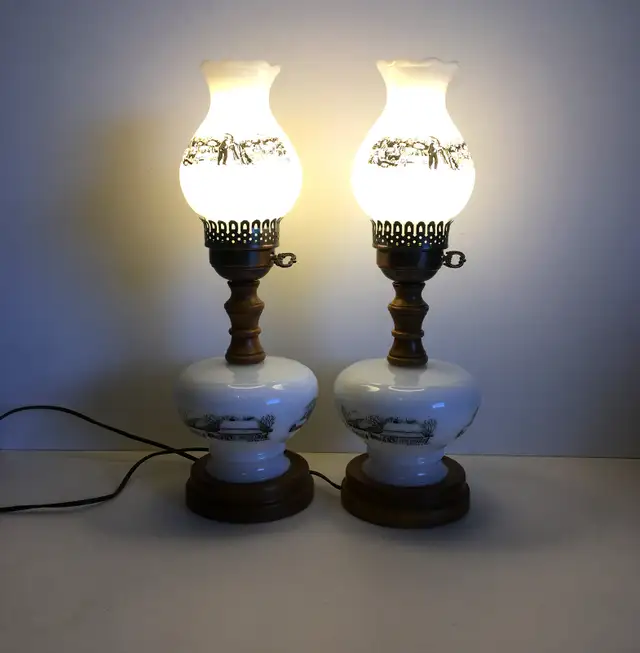 Vintage Currier & Ives Milk Glass And Wood 18" Tall Table Lamps in Indoor Lighting & Fans in Markham / York Region - Image 3