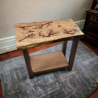 Maple side table w/ walnut legs and red fractal burned
