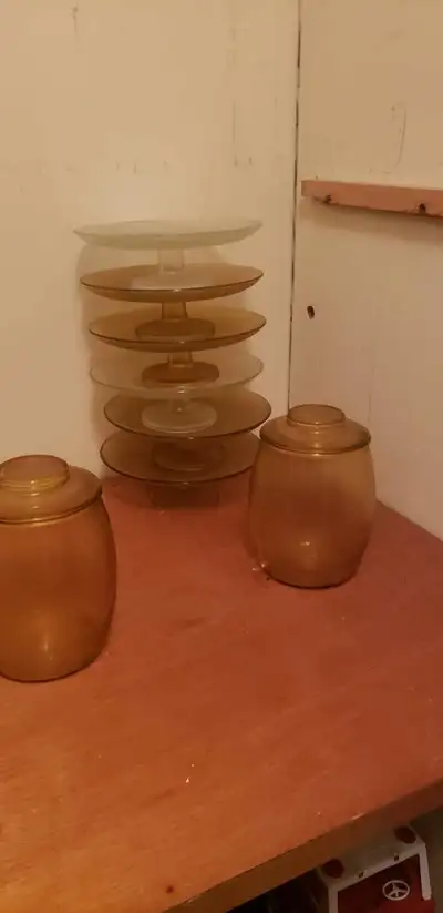 Vintage 6 Amber glass cake plate 2 glass cookies jar, View more