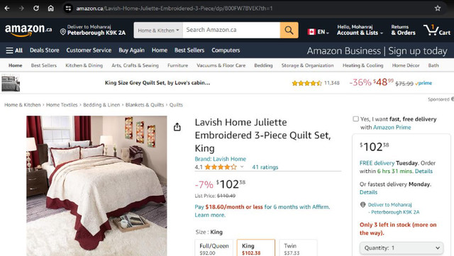KING Lavish Home Juliette Embroid 3-Piece Quilt Set, King 70$ in Bedding in Peterborough - Image 3