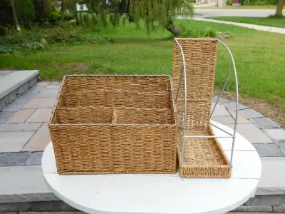 Set of Two Wicker and Metal Desk Organizer, Great for organizing and storing stationary, magazines,...
