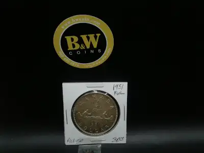 The 1951 Canada FWL $1 AU-50 coin features a portrait of King George VI on the obverse and a stunnin...
