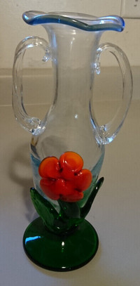 Vintage Hand Blown Glass Vase w/ Red Flower & Green Leaves  Base