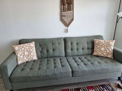 Structube Green Tufted Sofa & 2 Bar Stools (1 Year Old), View more