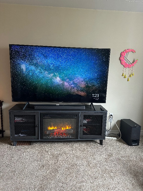 75’’Samsung Smart TV, Sound Bar, Speaker and Fire place TV Stand