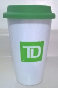TD Bank Double Wall Ceramic Travel Mug With Green Silicone Lid