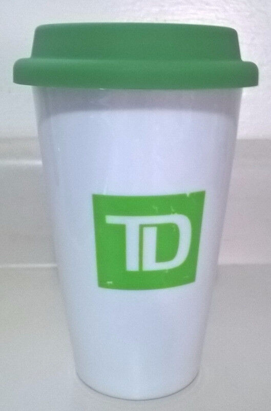 TD Bank Double Wall Ceramic Travel Mug With Green Silicone Lid in Hobbies & Crafts in Oshawa / Durham Region