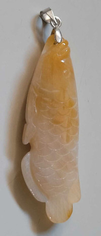 Chinese Hand Carved Jade Fish Pendant with 18k White Gold Bail 