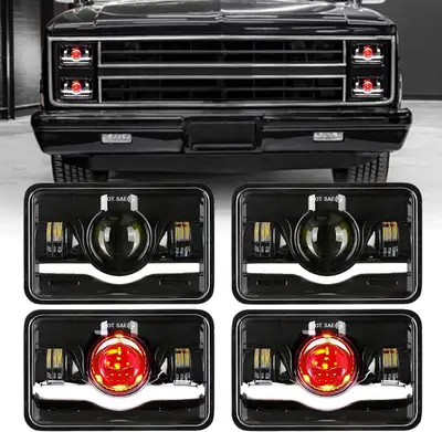 4x6 Headlights LED Dot Approved with Red Devil Eye DRL Compatible with Peterbilt 379 Kenworth T800 O...