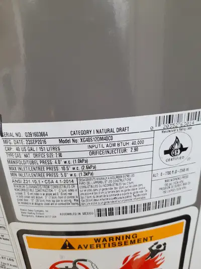 Brand new natural gas 40 gallons water heater, 2016 production, View more