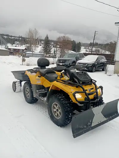 Two up quad c/w plow attachment and utility dump trailer. Fresh oil change, new trailing arm bearing...