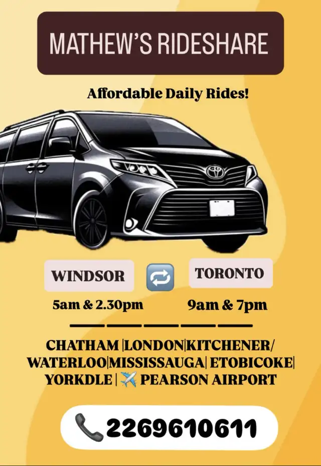 Daily Rideshare Windsor to Toronto 9am & pm64683916437761120