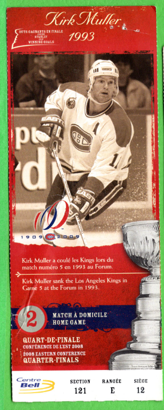 1993 MONTREAL CANADIENS KIRK MULLER HOCKEY GAME TICKET VS LOS ANGELES KINGS HOME GAME#2 SÉRIES ÉLIMI...
