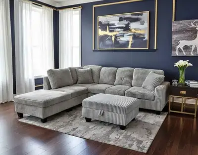 Sectional Sofa | Plush Corduroy | Storage Ottoman Now on Sale , View more