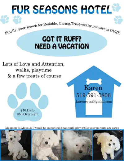Call me if you need a vacation and want to leave your furrbaby with a person who is home during the...