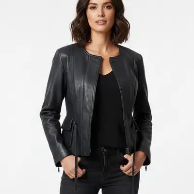 Sandra Angelozzi Genuine Leather Fitted Bluish Black Jacket Sz S, View more
