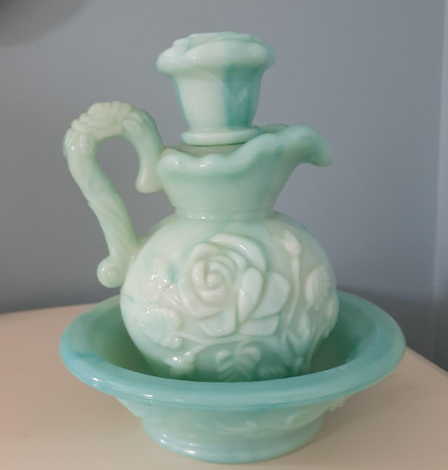 Vintage Avon Victoriana Jadeite Slag Glass Pitcher Stopper Bowl in Arts & Collectibles in Markham / York Region